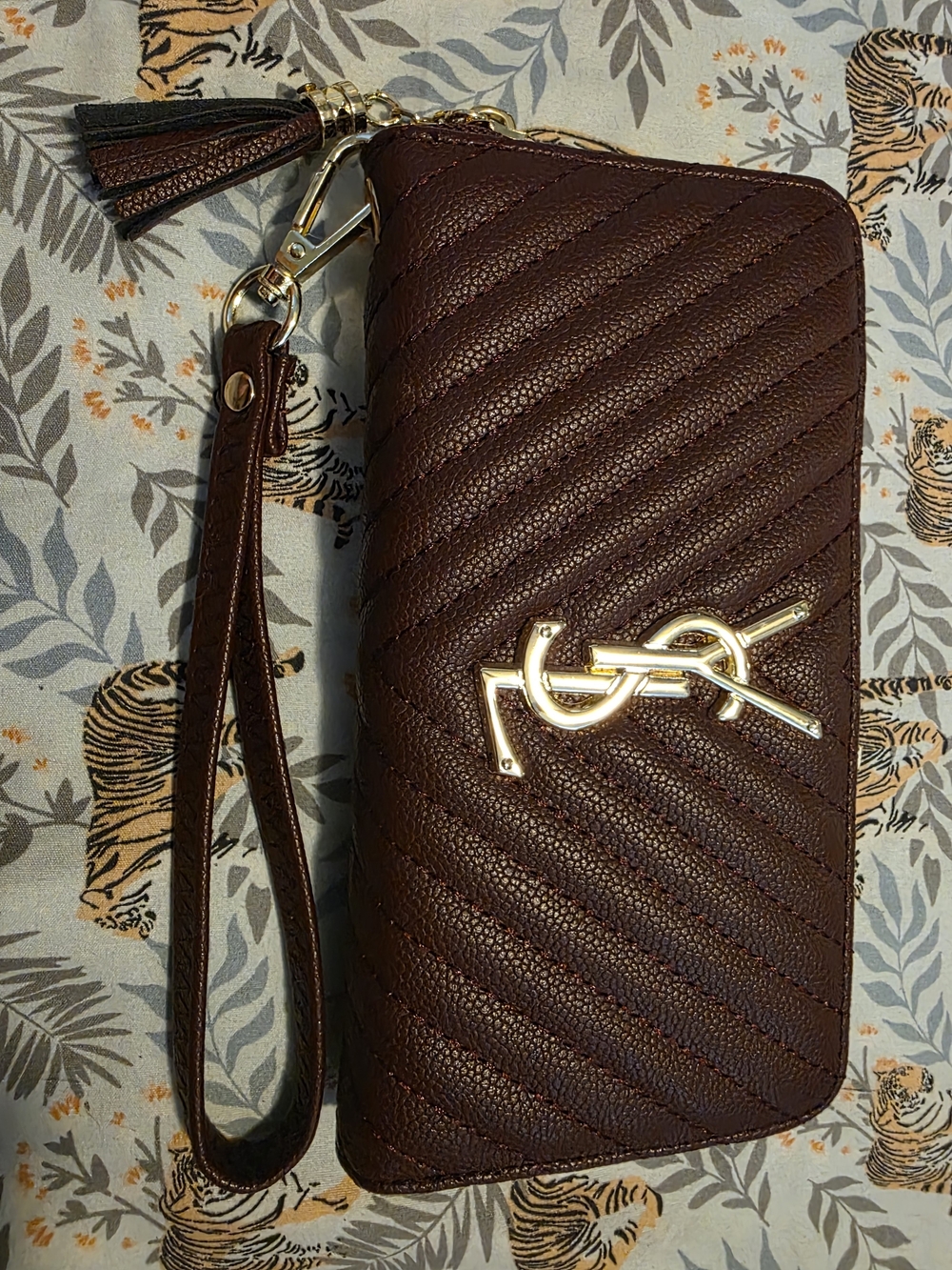 Fashion Brown Quilted Leather Zip Wallet with Gold YSL Logo